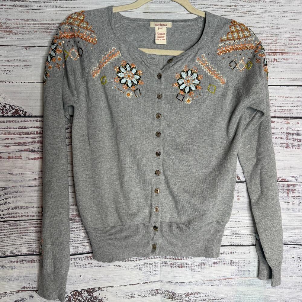 Sundance XS Gray Embellished Beaded Embroidered Cardigan Sweater Boho